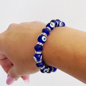 Blue Evil Eye Protection Crystal Rhinestone Bead Stretch Bracelet NEW OS